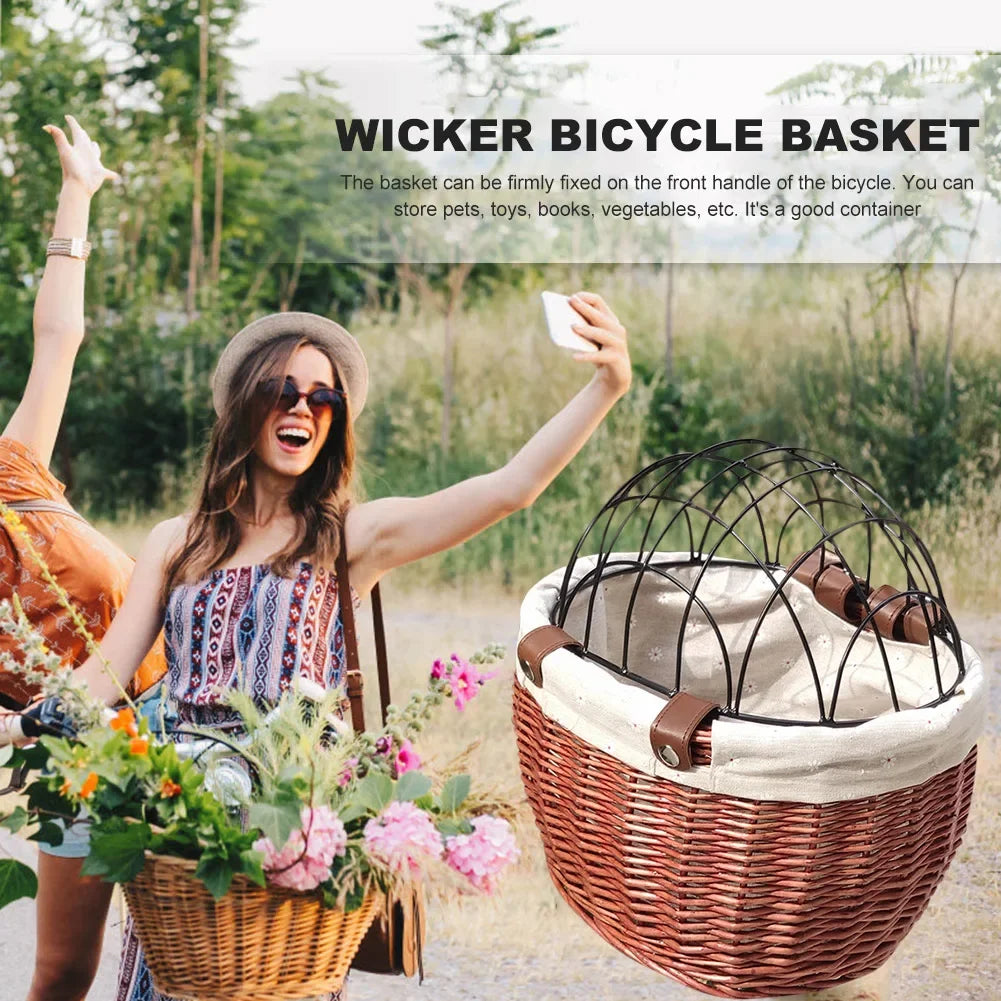 Bicycle Basket Rattan Wicker Bike Front Basket for Small Dogs Cats