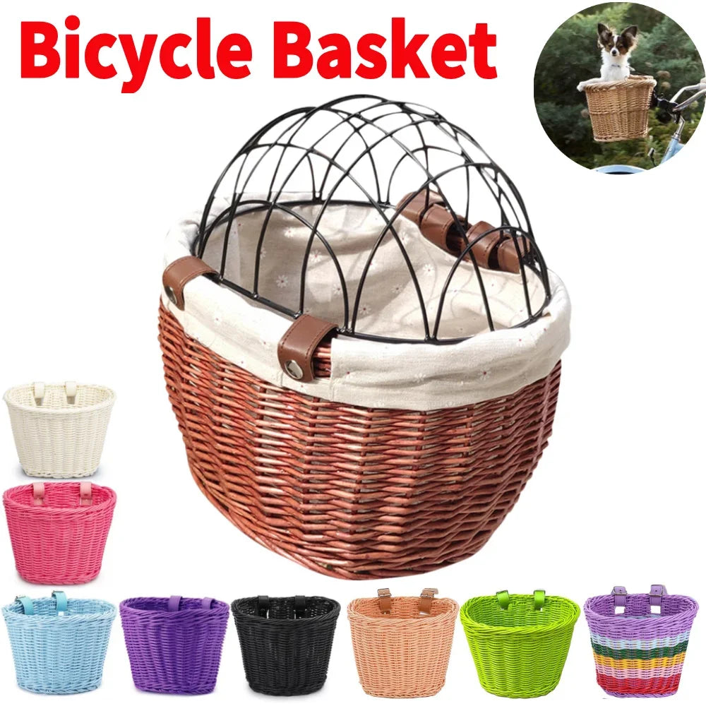 Bicycle Basket Rattan Wicker Bike Front Basket for Small Dogs Cats