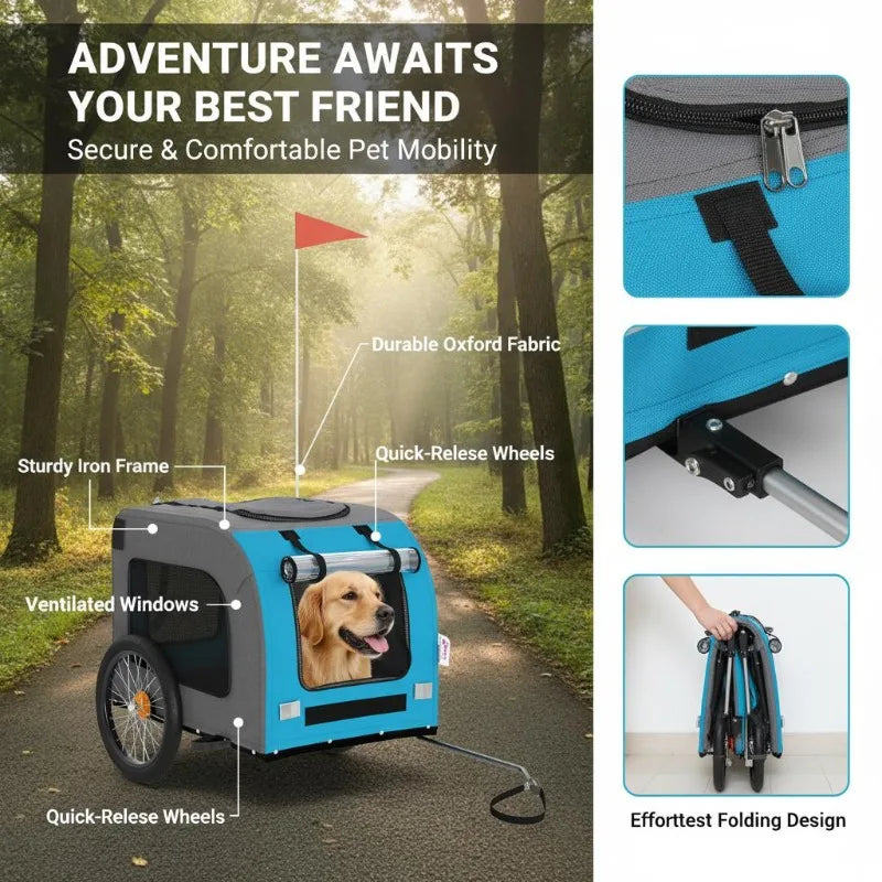 Pet Bike Trailer in Blue and Grey â€“ Perfect for Traveling with Cats and Dogs