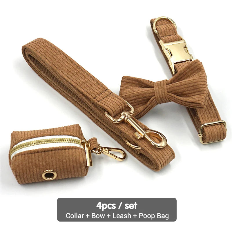 Brown Corduroy Dog Harness and Leash Set Luxury Designer Personalized