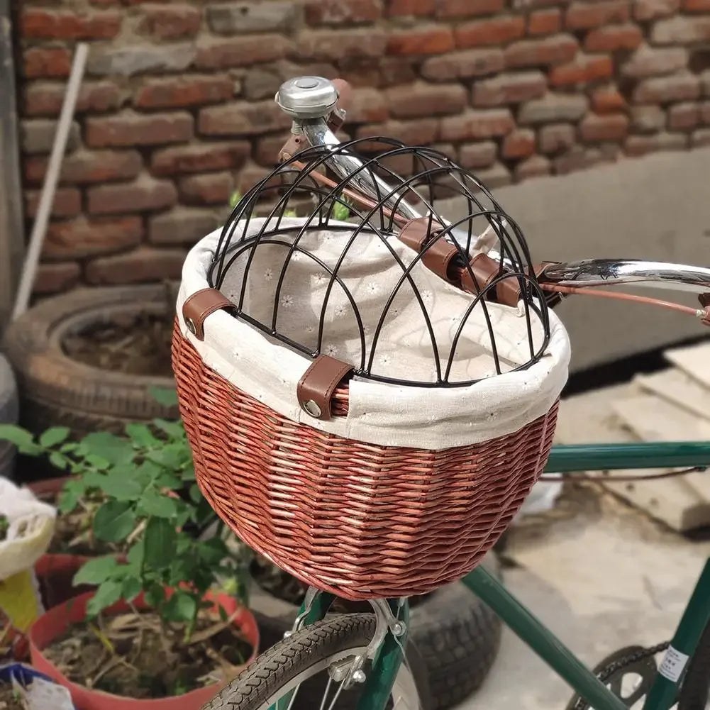 Bicycle Basket Rattan Wicker Bike Front Basket for Small Dogs Cats
