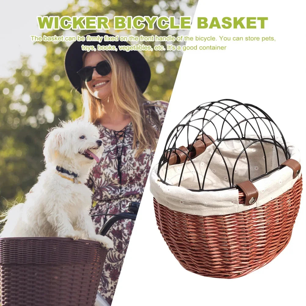 Bicycle Basket Rattan Wicker Bike Front Basket for Small Dogs Cats