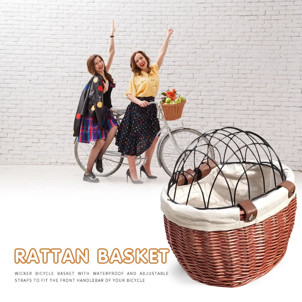 Bicycle Basket Rattan Wicker Bike Front Basket for Small Dogs Cats