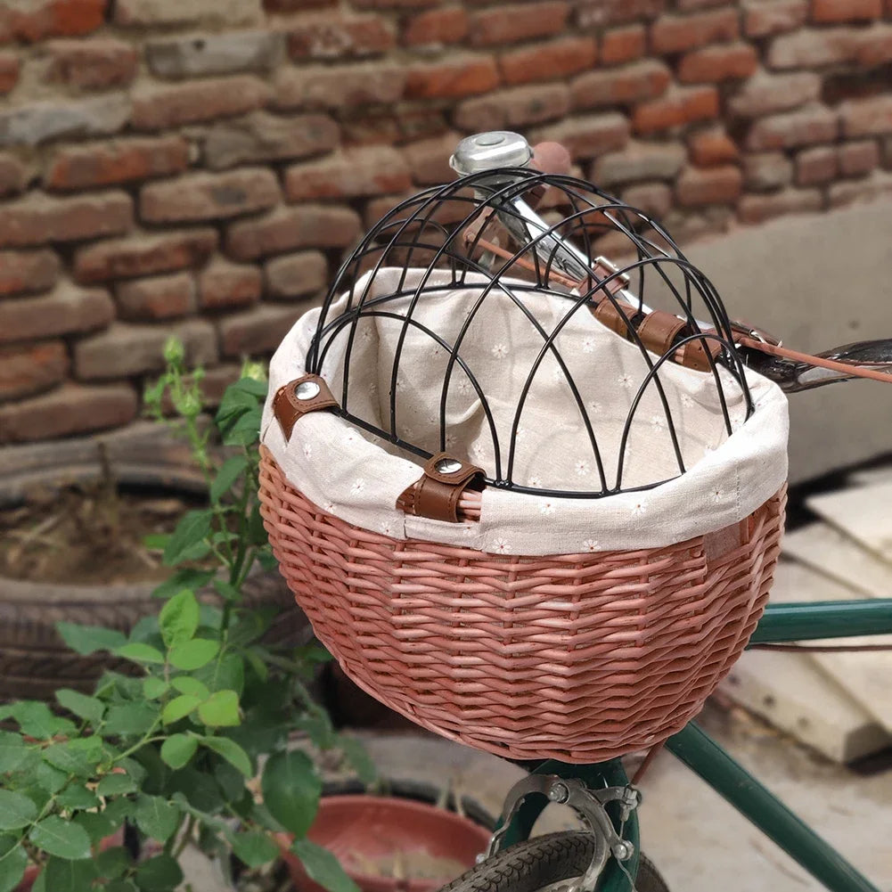 Bicycle Basket Rattan Wicker Bike Front Basket for Small Dogs Cats